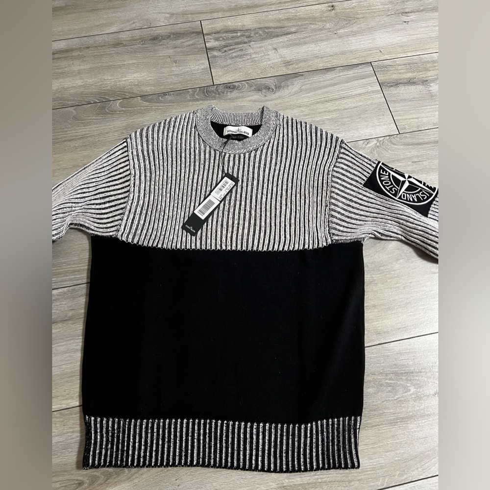 Stone Island Black and Gray Colorblock Ribbed Crewneck Sweater